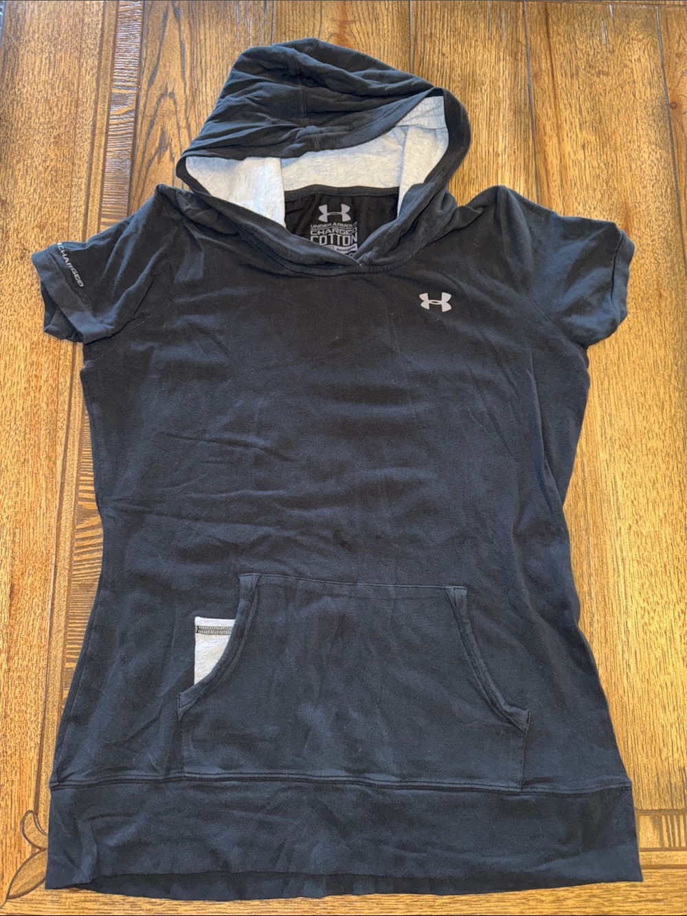 Under Armour Black Short-Sleeve Hooded Top with Gray Hood Liner